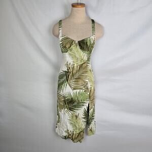 Forever 21 Dress Women's S Green Tan White Tropical Sleeveless Slit Knee Zipper